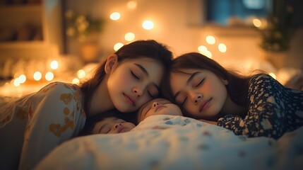 Three siblings, a young girl, older girl and baby peacefully sleeping together, embraced in warmth and love.