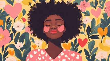 Serene Black Woman Amidst a Floral Heart Garden