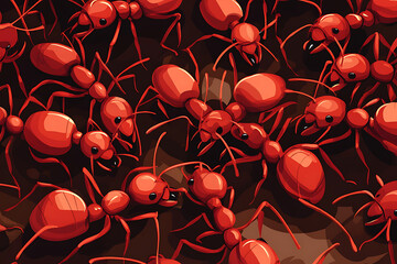 A close-up illustration of numerous red ants on a surface, showcasing their detailed features.