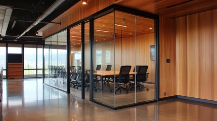 A wooden business interior featuring glass rooms and an open door, designed for a collaborative meeting space.
