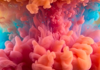 Obraz premium Puffs of pink smoke in front of a blue background stock photo, in the style of bold color blobs, resin, juxtaposed imagery, realistic