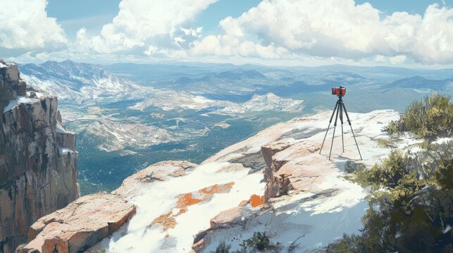 A tripod on a snowy peak, aiming at the vast expanse of pristine snowfields and dramatic mountain ridges.