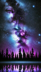 Naklejka premium Starry Night Over a Forest and Lake