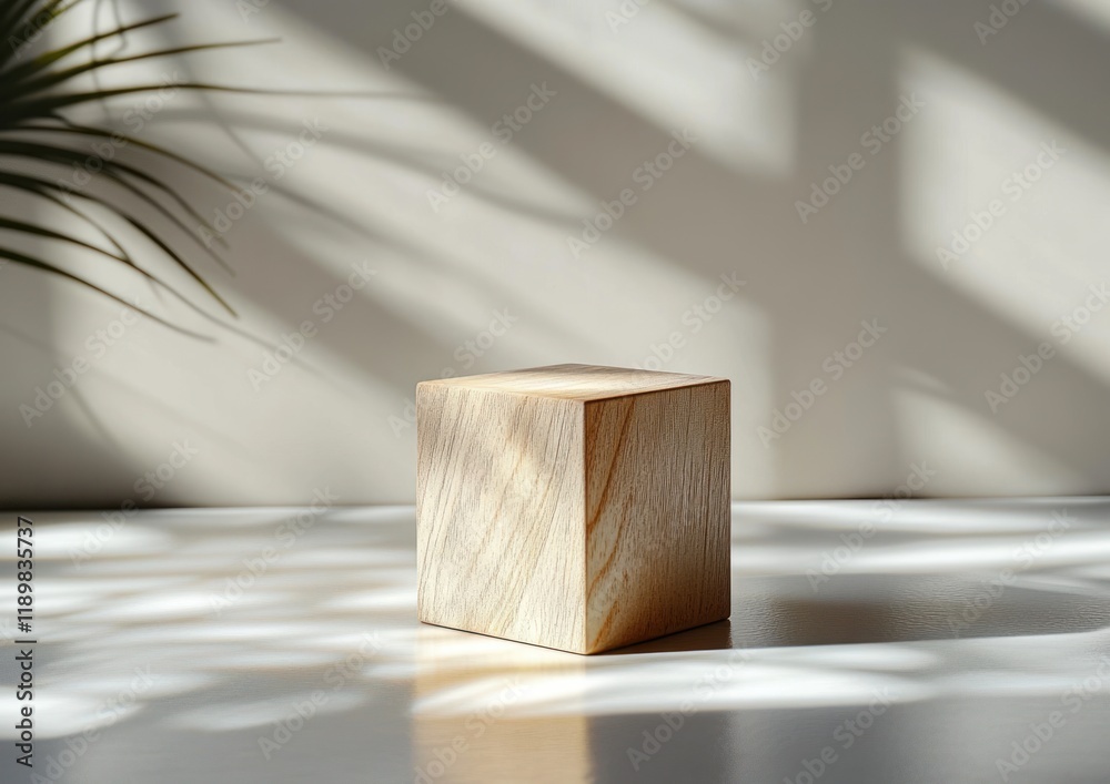 Poster wooden cube on smooth surface with natural light minimalistic design