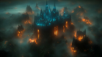 Enigmatic Dark Fantasy Cityscape: Glowing Towers and Burning Ruins in a Foggy Night