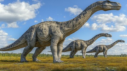 Fototapeta premium Dinosaurs Roaming a Vast Grassland Under a Blue Sky with Lush Greenery and Distant Mountains