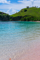 Pink Beach in the summer, famous for its unique pink sand and clear water, surrounded by breathtaking landscapes and vibrant marine life, Komodo National Park, Indonesia