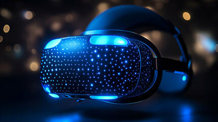 Futuristic Virtual Reality Headset Glowing with Blue Light in Dark Setting