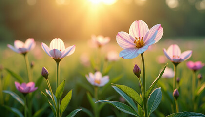 Obraz premium Beautiful Pink and White Flowers in a Field