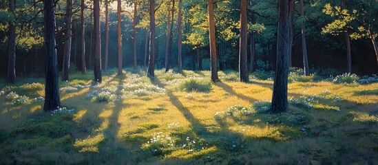 Fototapeta premium Sunlit pine forest floor, dappled light, morning shadows, nature background, idyllic scene