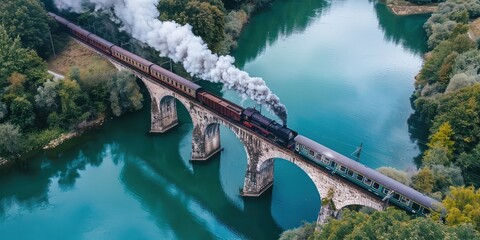Fototapeta premium A steam locomotive crosses a picturesque bridge over a river, surrounded by lush greenery.