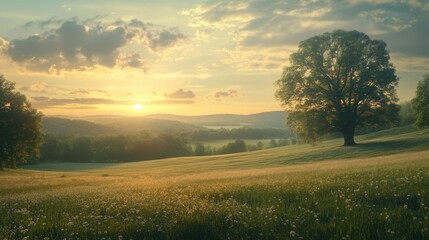 Obraz premium A wide grassy field with a towering tree in the distance, framed by soft light from the setting sun.