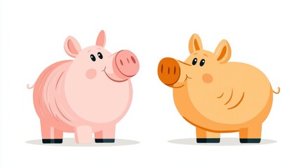 Playful Cartoon Pigs with Smiling Faces in Bright Colors on a White Background
