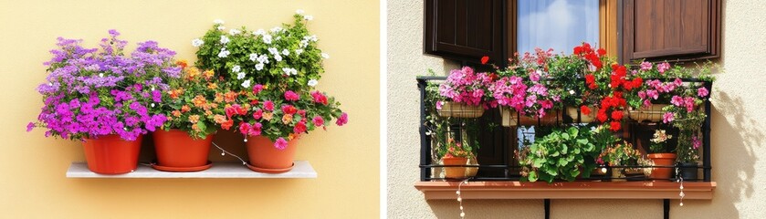 Colorful potted flowers on balcony & wall shelf, sunny day, home decor