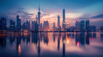 Obraz premium A stunning skyline view of a city at dusk, reflecting on water with vibrant colors.