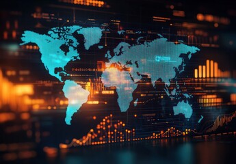 Futuristic World Map Data Visualization with Financial Graphs and Neon Lights