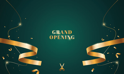 Dark green grand opening background with ribbon. Modern elegant promotional design.