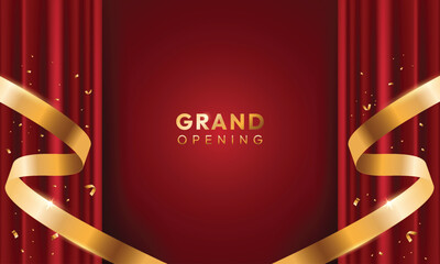 Red grand opening background with ribbon and curtain. Modern elegant promotional design.