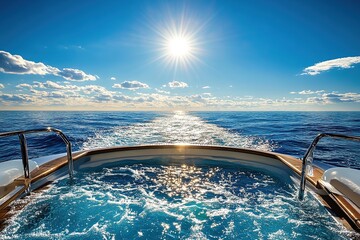 Luxury Yacht Hot Tub: Relaxing Ocean Cruise, Sunny Skies, Serene Waters, Tranquil Escape, Blue Horizon,  Ultimate Relaxation.