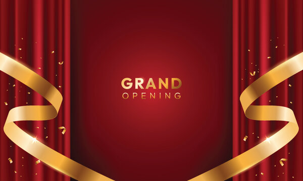 Red grand opening background with ribbon and curtain. Modern elegant promotional design.