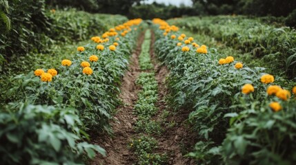 Obraz premium Rows of marigold flowers in a lush garden, their golden hues creating a cheerful and lively atmosphere.