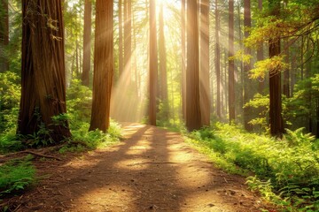 Obraz premium A sunlit forest path with towering trees and gentle rays illuminating the serene landscape.