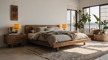 Inviting boho bedroom with a wooden bed frame woven bamboo furniture and lush green plants in pots accenting the beige toned decor for a tranquil space Bohemian Interior Design Inspiration