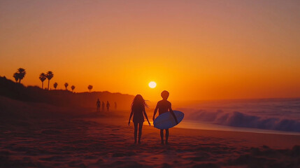 Sunset Surf Stroll: A silhouette of a young couple, hand in hand, walks along the sandy beach towards a vibrant orange sunset, holding a surfboard.