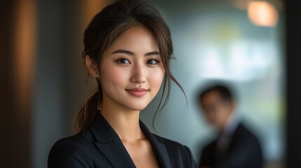 Naklejka premium A woman in a black suit is smiling for the camera. Generative AI
