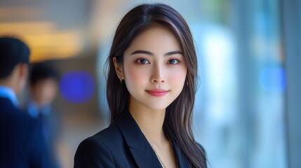 A woman in a black business suit is smiling for the camera. Generative AI