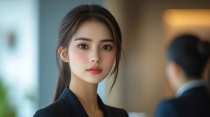 A woman with long hair and a black dress is standing in front of a wall. Generative AI
