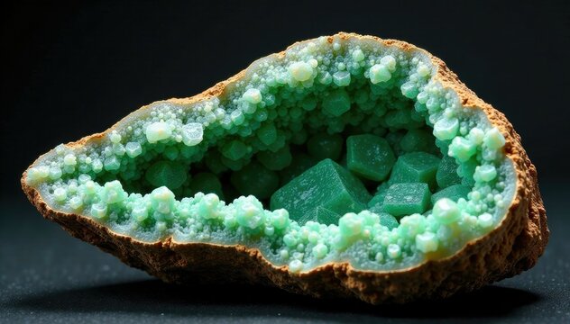 Geode with raw sphalerite crystals nestled among a tangle of green mineral deposits, minerals, natural formations, mining