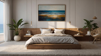 Bohemian bedroom featuring a cozy bed with a wooden frame boho woven bamboo furniture and green plants in pots within a beige themed setting Bohemian Interior Design Inspiration