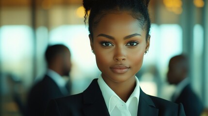 A woman in a business suit is standing in front of a window. Generative AI