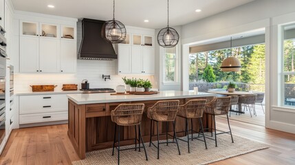 Bright kitchen interior featuring an island with seating, complemented by a panoramic window offering views of the countryside.