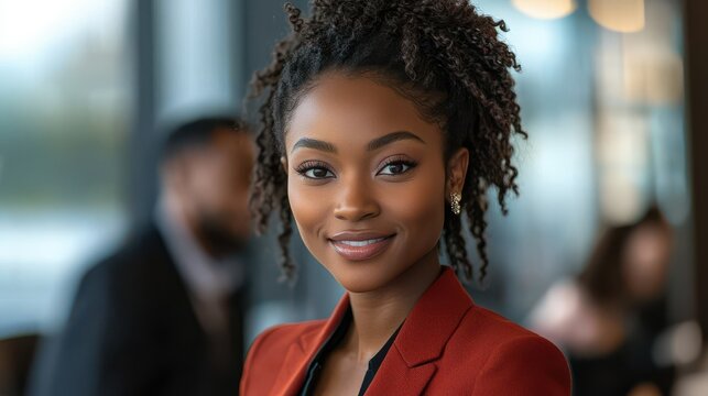 A woman with a red jacket and black pants is smiling. Generative AI