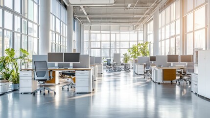 Bright and minimalist white office meeting room featuring a sleek table and chairs, with a panoramic window offering a wide view. Ideal for professional gatherings and presentations.