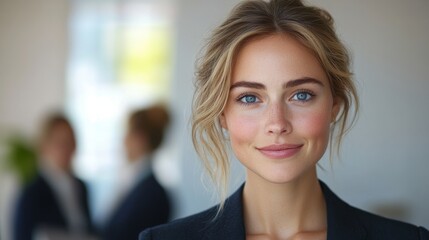 Obraz premium A woman with blonde hair and blue eyes is smiling for the camera. Generative AI
