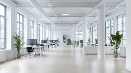 Bright and minimalist white office meeting room featuring a sleek table and chairs, with a panoramic window offering a wide view. Ideal for professional gatherings and presentations.
