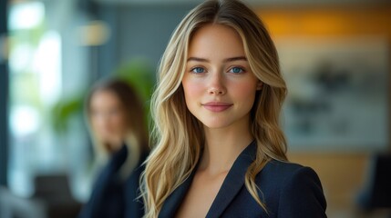 Fototapeta premium A woman with long blonde hair is smiling and wearing a black jacket. Generative AI