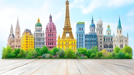 Obraz premium Colorful cityscape skyline with iconic landmarks and wooden foreground.