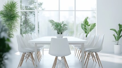 Bright and minimalist white office meeting room featuring a sleek table and chairs, with a panoramic window offering a wide view. Ideal for professional gatherings and presentations.