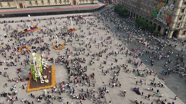 Day of the Dead celebrations in the Zocalo captured from a drone