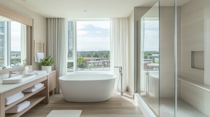 Bright and modern hotel bathroom featuring a white tub and shower, complemented by a large window. The space includes a mockup wall for customization.
