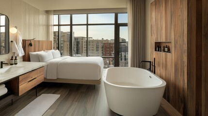 Bright and modern hotel bathroom featuring a white tub and shower, complemented by a large window. The space includes a mockup wall for customization.