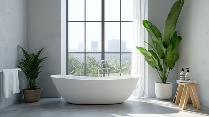 Bright and modern hotel bathroom featuring a white tub and shower, complemented by a large window. The space includes a mockup wall for customization.