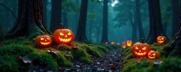 Jack o lanterns scattered on a moss-covered grave in the forest, dark and stormy nights, gloomy evening scenes, twilight landscapes
