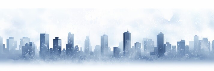 Fototapeta premium Panoramic View of a City Skyline at Dusk with Silhouetted Skyscrapers Against a Cloudy Background and Misty Atmospheric Effect