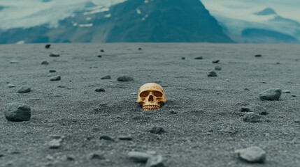 Obraz premium Eerie Skull in Desolate Landscape: A solitary human skull rests partially buried in the sand, its hollow eye sockets gazing out into a desolate and unforgiving landscape. The barren.