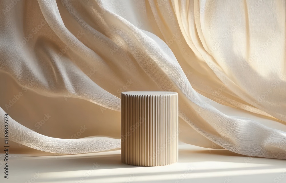 Poster elegant display podium with flowing silk curtain and soft natural light for cosmetic presentation